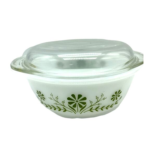 Vintage Glass‎ Bake green, white Daisy casserole Pyrex lid - Picture 1 of 7